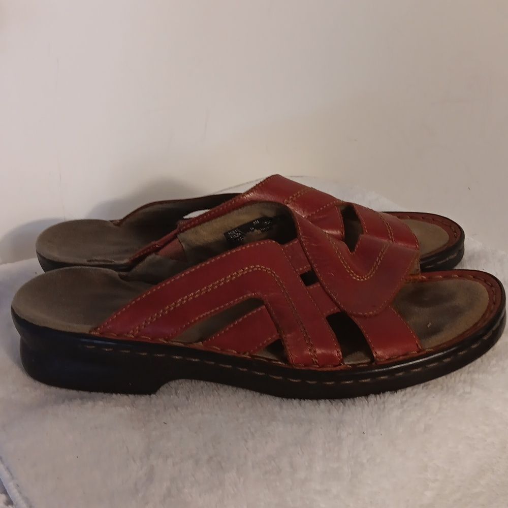 Clarks Red Leather Slide Sandals